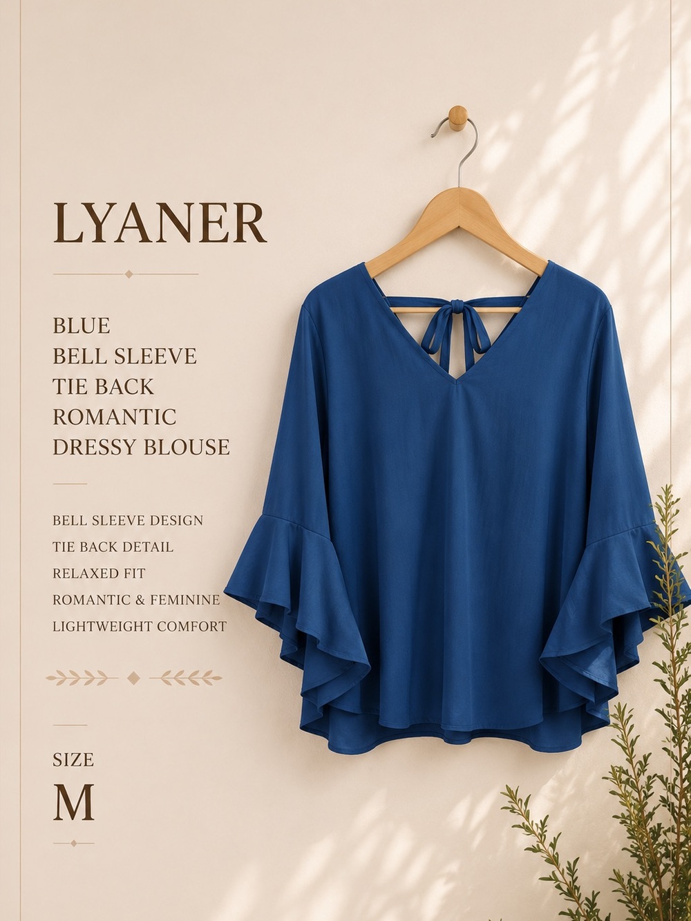 Lyaner Blue Bell Sleeve Tie Back Romantic Dressy Blouse Going Out Size Medium